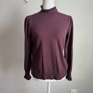 Cece Ruffle Turtleneck Sweater Womens L Brown Pullover Long Sleeves Soft Stretch